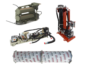 Locomotive fuel systems collage including PDI's patent pending Diesel Dehydrator, fuel filter element, fuel filter housing and custom fuel skid