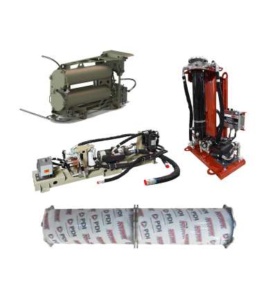 Locomotive fuel systems collage including PDI's patent pending Diesel Dehydrator, fuel filter element, fuel filter housing and custom fuel skid