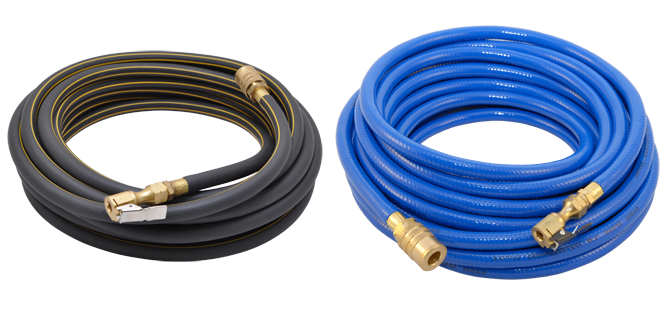 A black roll and a blue roll of pneumatic hoses with brass fittings