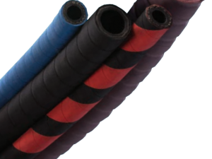 A group of industrial hoses in various materials and sizes