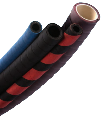 A group of industrial hoses in various materials and sizes