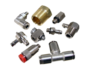 Collage of nine different pneumatic fittings