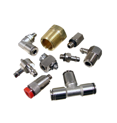 Collage of nine different pneumatic fittings