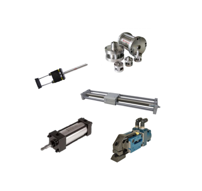 Pneumatic actuator collage of gripper, rodless, NFPA, compact and thruster actuators