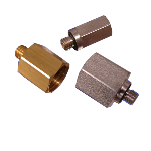 Three threaded pneumatic adapters in brass, steel and stainless steel