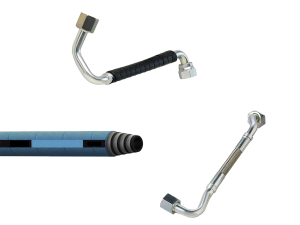 Collage of low pressure fuel hose-tube combinations and low pressure AQP hose for diesel engine applications.