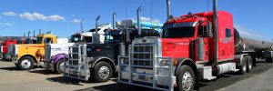 A row of heavy duty diesel engine trucks in a parking lot