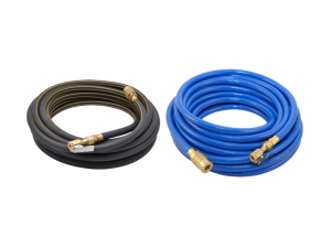 A black roll and a blue roll of pneumatic hoses with brass fittings