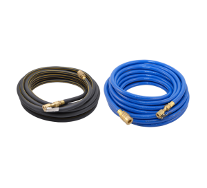 A black roll and a blue roll of pneumatic hoses with brass fittings