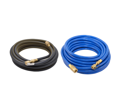 A black roll and a blue roll of pneumatic hoses with brass fittings