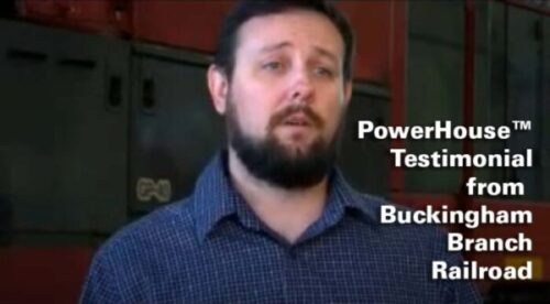 Man talking with text overlay of PowerHouse Testimonial from Buckingham Branch Railroad